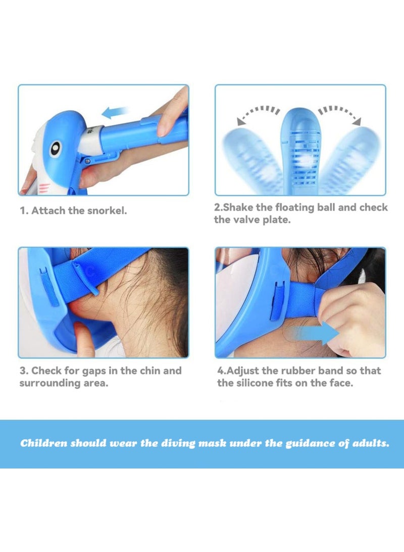 Diving Mask Children's Snorkel Mask Diving Mask Anti-Fog and Anti-Leak Technology Foldable Full Mask with 180° Field of View and Anti-Fog Shark Shape (Blue)