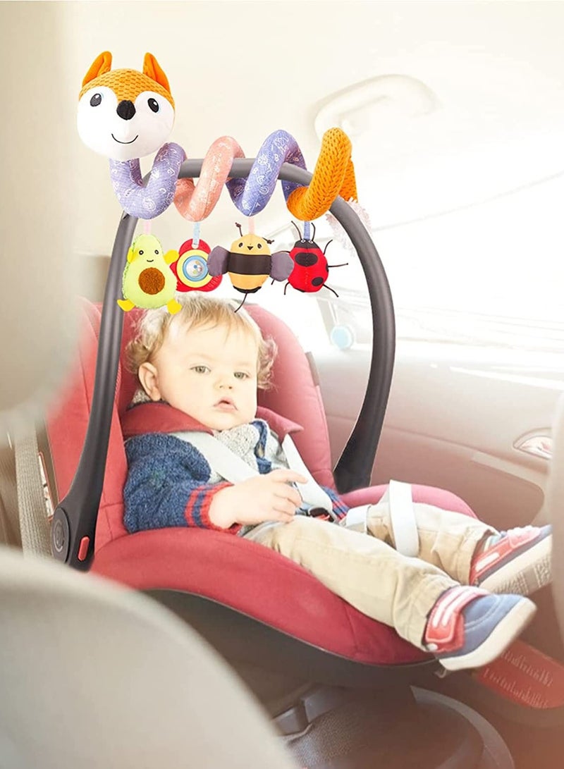 Car Seat Toys, Spiral Activity Toy Infant Baby Orange Fox Spiral Plush Activity Hanging Toys for Car Seat Stroller Bar Crib Bassinet Mobile with Music Box BB Squeaker and Rattles（Orange）