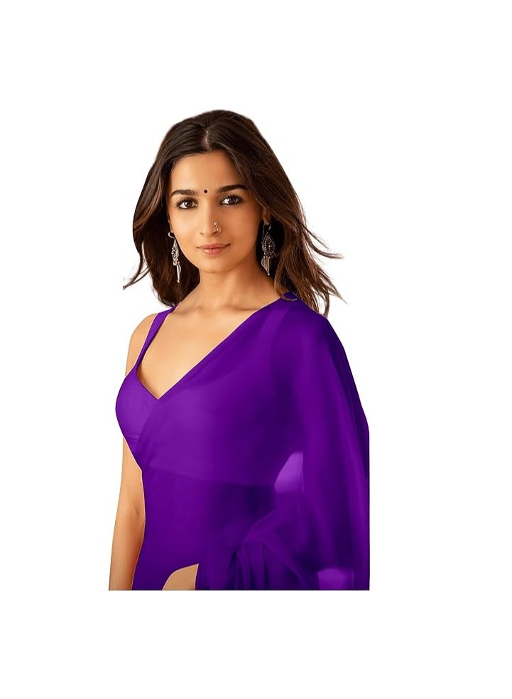 Women's Plain Pure Georgette Saree With Unstitched Blouse Piece