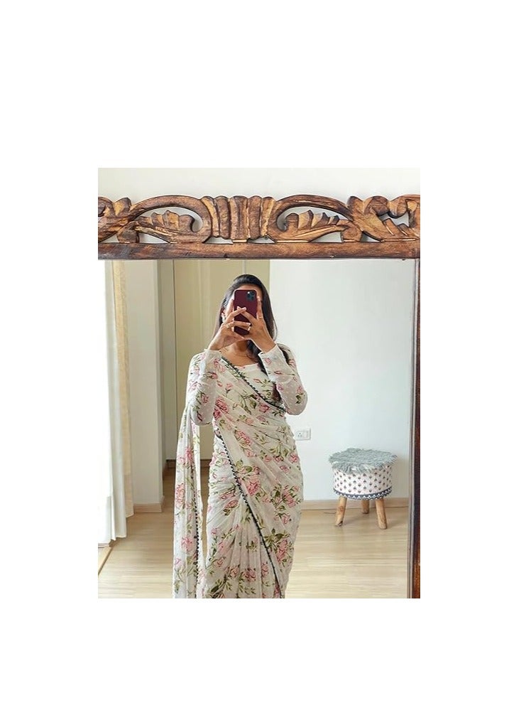 Women's Georgette Printed Ready To Wear one Minute Saree With Unstitched Blouse Piece (1000 Butty White_White_Free Size)