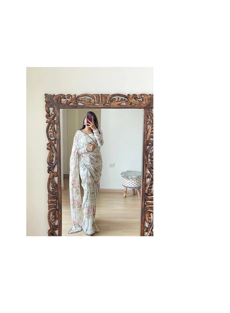 Women's Georgette Printed Ready To Wear one Minute Saree With Unstitched Blouse Piece (1000 Butty White_White_Free Size)
