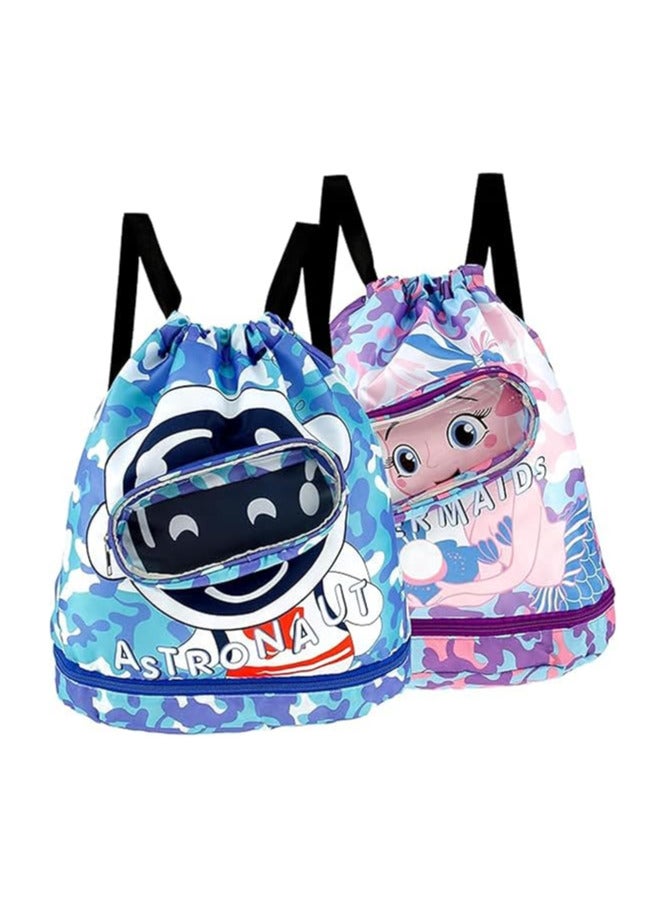 2 Pack Swimming Backpack for Kids Dry and Wet Separation Waterproof Storage Bag Portable Drawstring Backpack for Gym Sports Beach Pool Gear Bag