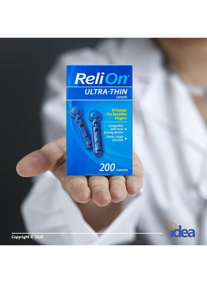 ReliOn Ultra-Thin Lancets, 30-Gauge, for Sensitive Fingers, 200 Ct Bundle with Exclusive 