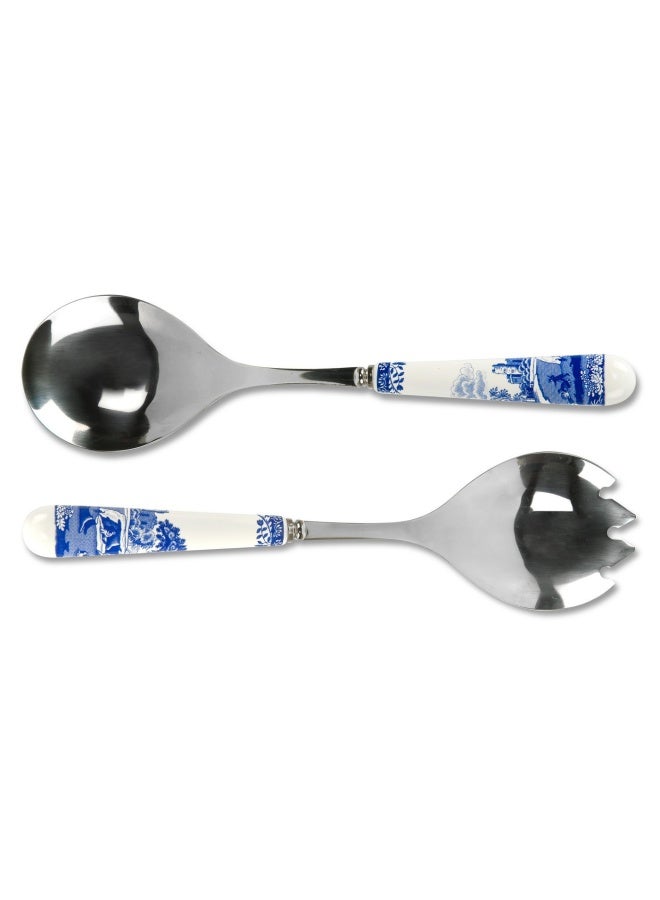 Spode Salad Servers  Pair   25Cm  Blue And White  Blue And White 25Cm