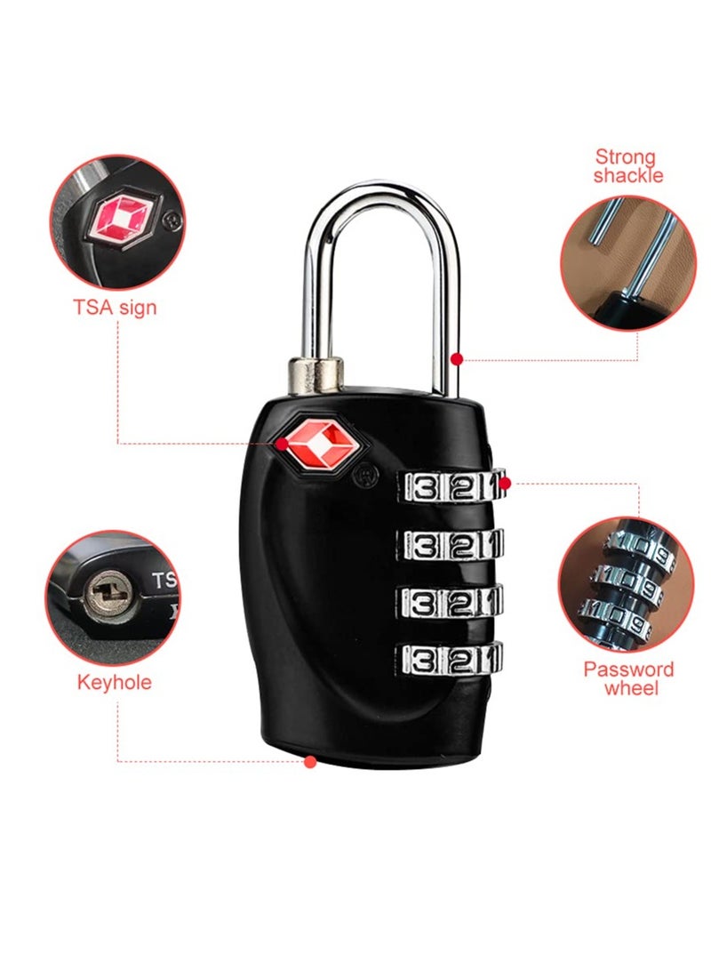 TSA Approved Luggage Locks with 4 Digit Combination Padlock Waterproof Resettable for Travel, Suitcases, Baggage, Gym, Lockers (Black, 2 Pack)