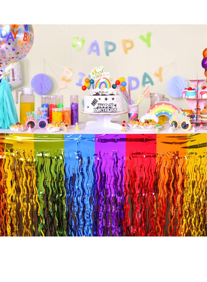 Rainbow Party Decorations, Rainbow Wavy Table Skirt Party Decorations, 2 Pack Metallic Tinsel Foil Fringe Table Skirts, Perfect Table Decors for Birthday, Holiday, Wedding, Engagement, Bridal Shower