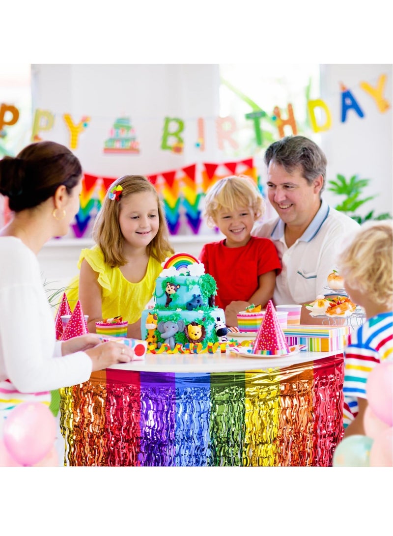 Rainbow Party Decorations, Rainbow Wavy Table Skirt Party Decorations, 2 Pack Metallic Tinsel Foil Fringe Table Skirts, Perfect Table Decors for Birthday, Holiday, Wedding, Engagement, Bridal Shower