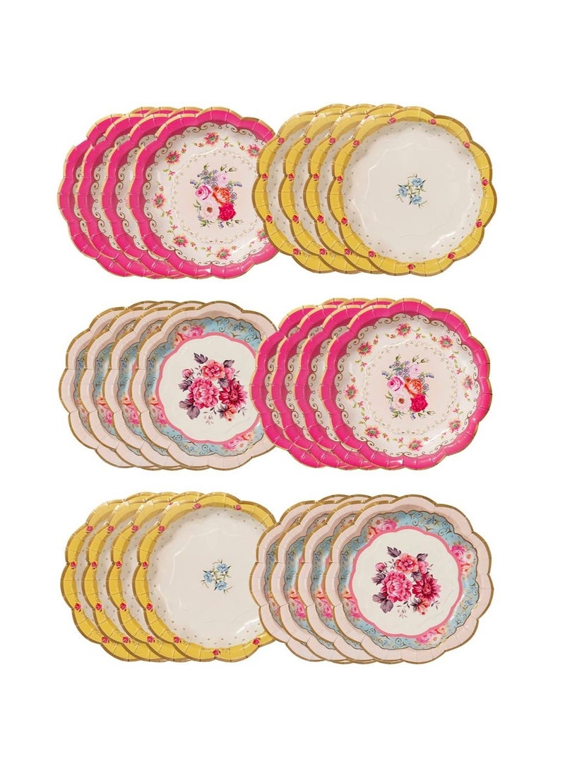 Vintage Floral Afternoon Tea Party Plates Disposable Tableware for Birthday, Garden Party, Baby Shower, Wedding, Anniversary Pack of 24 (17cm), Pink