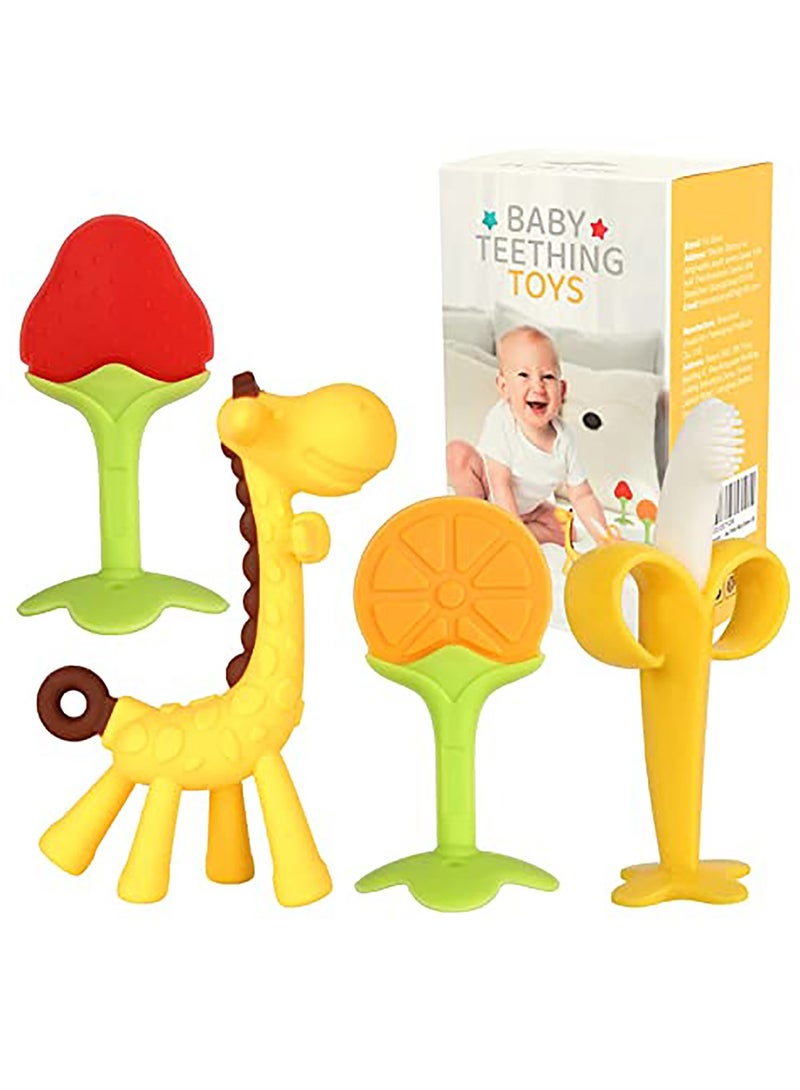 Teething Toys for Newborn (4-Pack) Freezer Safe BPA Free and Silicone Banana Toothbrushes Fruit Giraffe Teethers Soothe Gums Set with Storage Case