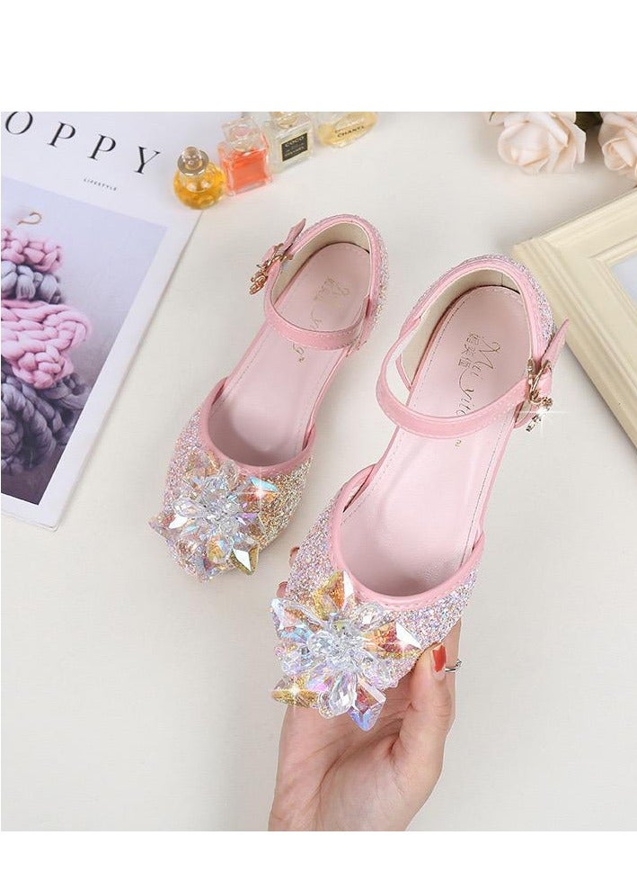 Girls Princess Leather Shoes for Kids Sandals Crystal Glitter Children High Heel Diamond Student Banquet Dance Show Shoes