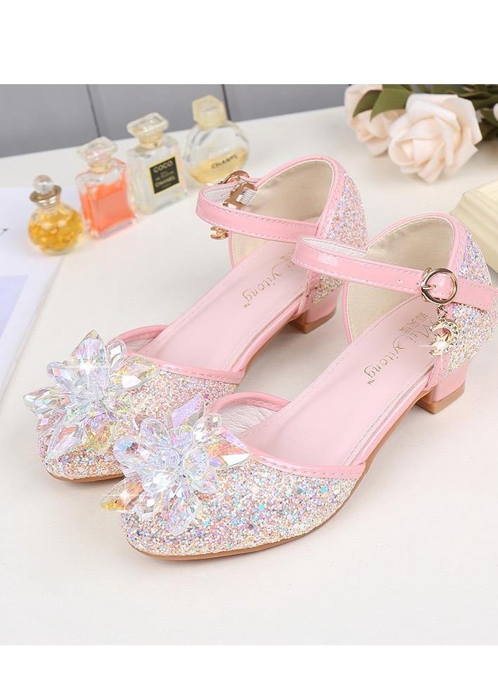 Girls Princess Leather Shoes for Kids Sandals Crystal Glitter Children High Heel Diamond Student Banquet Dance Show Shoes