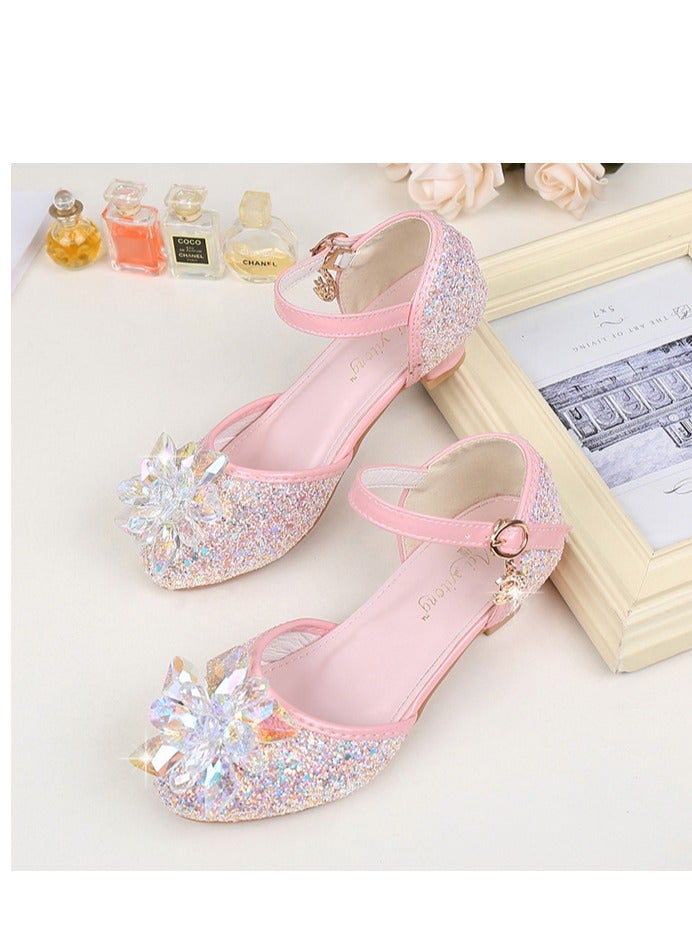 Girls Princess Leather Shoes for Kids Sandals Crystal Glitter Children High Heel Diamond Student Banquet Dance Show Shoes