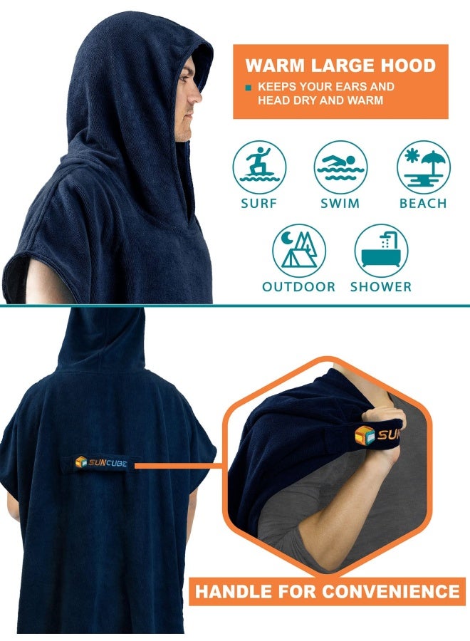 Sun Cube  Surf Poncho Changing Robe With Hood Thick Quick Dry Microfiber Wetsuit Changing Towel For Surfing Beach Swim Outdoor Sports Men Absorbent Wearable Towel Cover Up With Pocket Navy Blue