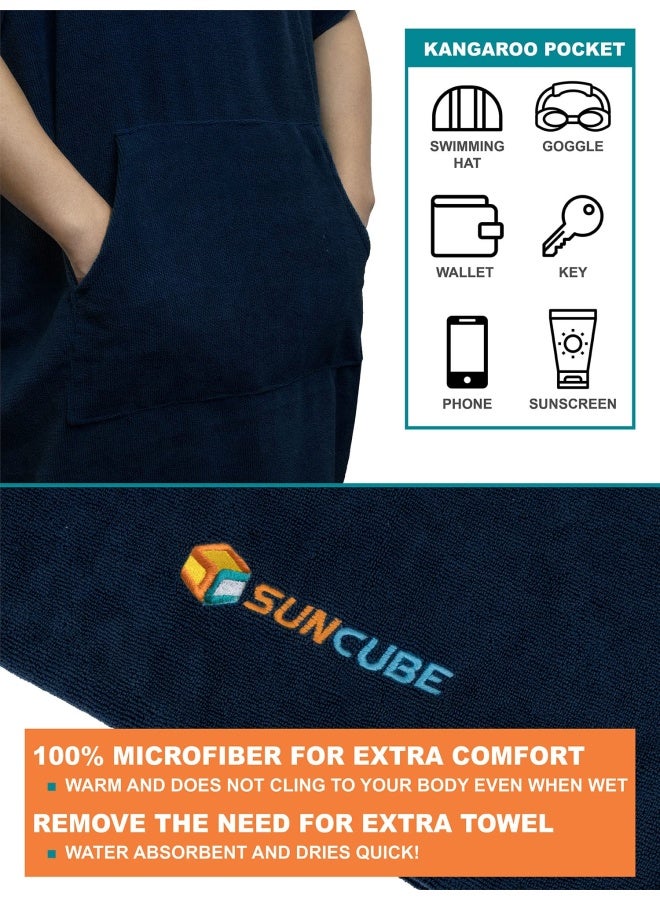 Sun Cube  Surf Poncho Changing Robe With Hood Thick Quick Dry Microfiber Wetsuit Changing Towel For Surfing Beach Swim Outdoor Sports Men Absorbent Wearable Towel Cover Up With Pocket Navy Blue