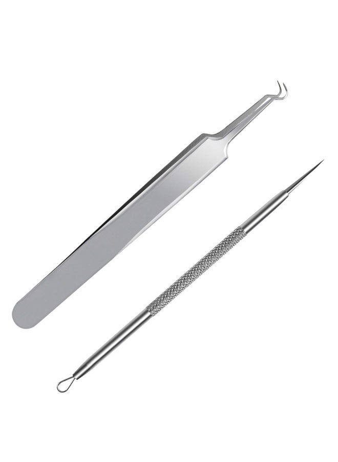 Blackhead  Splinter Remover Tools - Stainless Steel Professional Easily Cure Pimples Whiteheads Comedones Acne Zit Ingrown Hairs and Facial Impurities Bend Head... Silver Set of 2