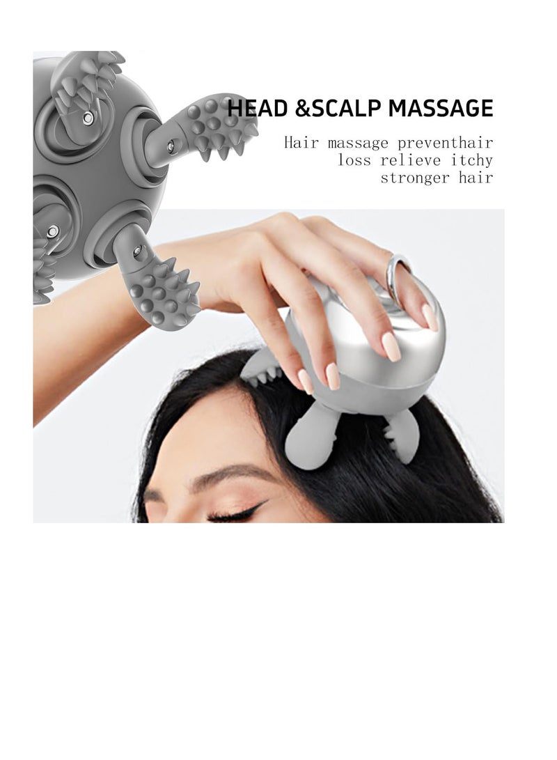 Electric Scalp Massager, Portable Rechargeable Scalp Massager for Scalp Stress Relax, Waterproof Handheld Hair Scalp Massager with 56 Kneading Massage Nodes and 4 Replaceable Massage Heads, Grey