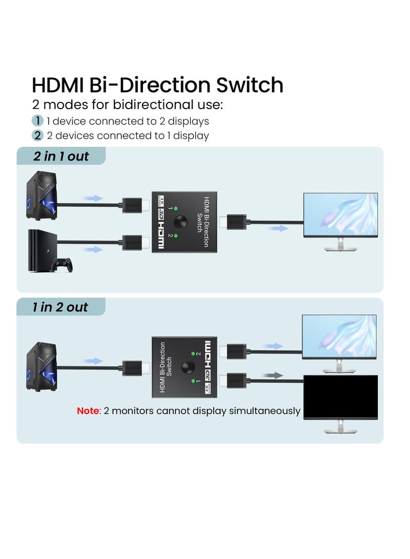 HDMI Switch Splitter 4K/30Hz, Bidirectional HDMI Switcher 2 in 1 Out, HDMI Splitter 1 in 2 Out, Manual HDMI Hub Supports HD, HDCP Pass Through