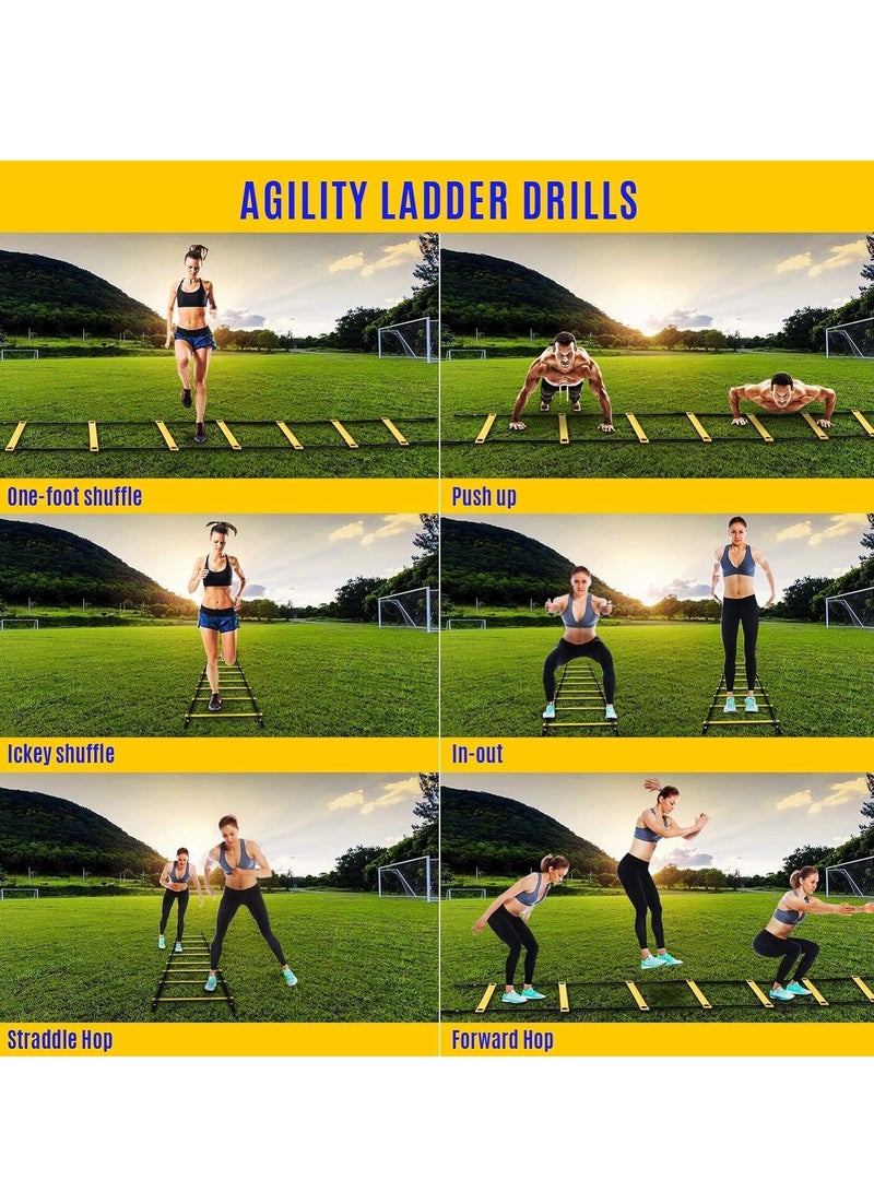 Speed & Agility Training Set Includes Agility Ladder 6m, 5Pic Disc Cones,4Pic Hurdles 23cm Size and1 Running Parachute for Football Hockey Training Athletes