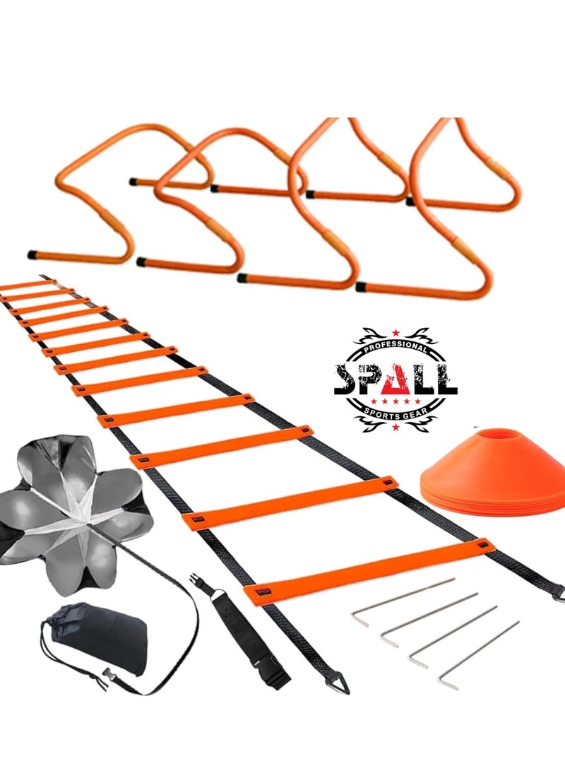 Speed & Agility Training Set Includes Agility Ladder 6m, 5Pic Disc Cones,4Pic Hurdles 23cm Size and1 Running Parachute for Football Hockey Training Athletes