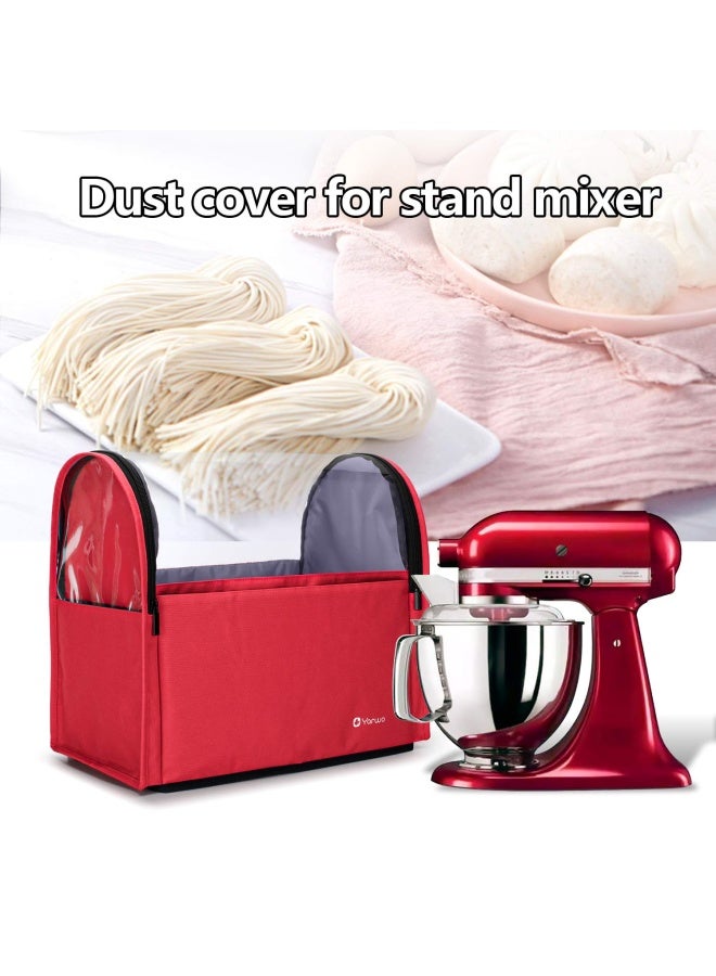 Visible Stand Mixer Cover Compatible with 6-8 qt KitchenAid Mixer Dust Cover with Multiple Pockets for Extra Kitchen Accessories Red