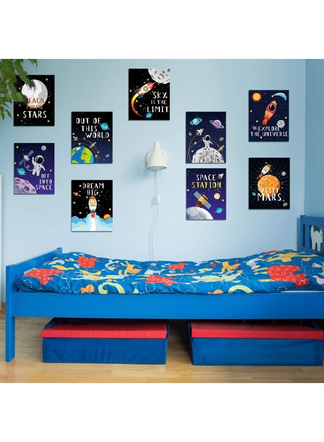 9 Pieces Outer Space Decor for Kids Room Boy Bedroom Space Posters 8 x 10 Inch Cute Inspirational Art Decoration for Boys and Girls Playroom Space Nursery Decor