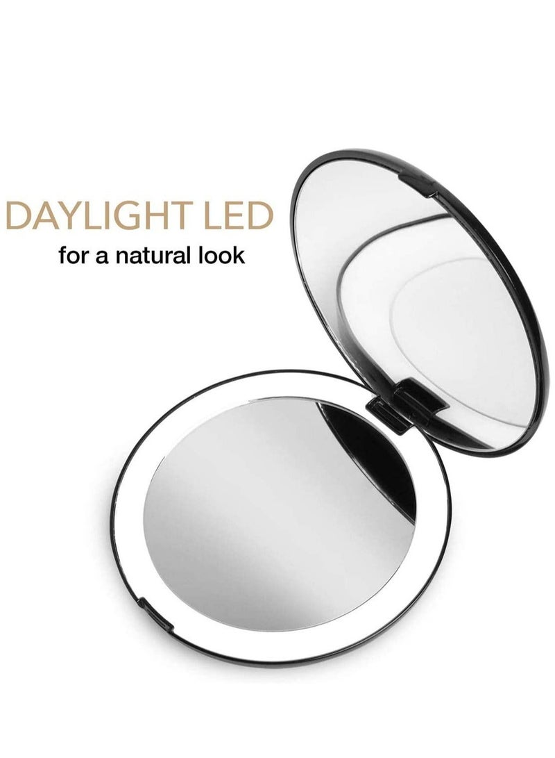 Compact Makeup Mirror with Natural LED Lights, 1x  10x Magnifying, Fits All Handbags, Black