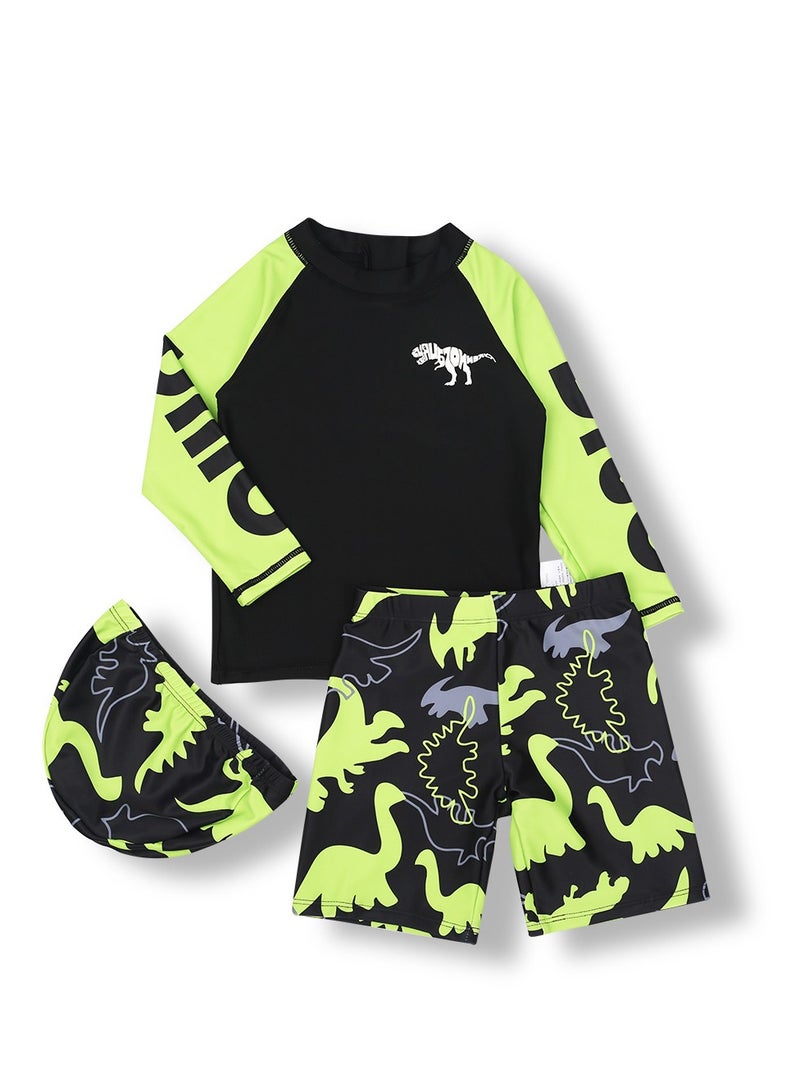 Children's 3-piece Swimsuit Cartoon Dinosaur Long Sleeved Sunscreen Quick Drying Swimsuit