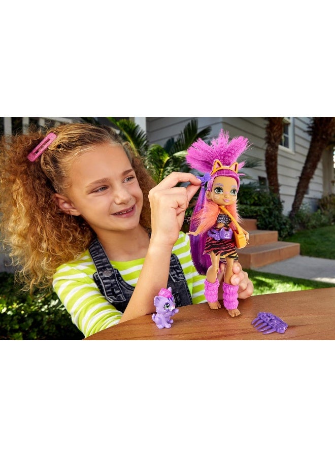 Cave Club Roaralai Doll 10-inch, Purple Hair Poseable Prehistoric Fashion Doll with Dinosaur Pet and Accessories