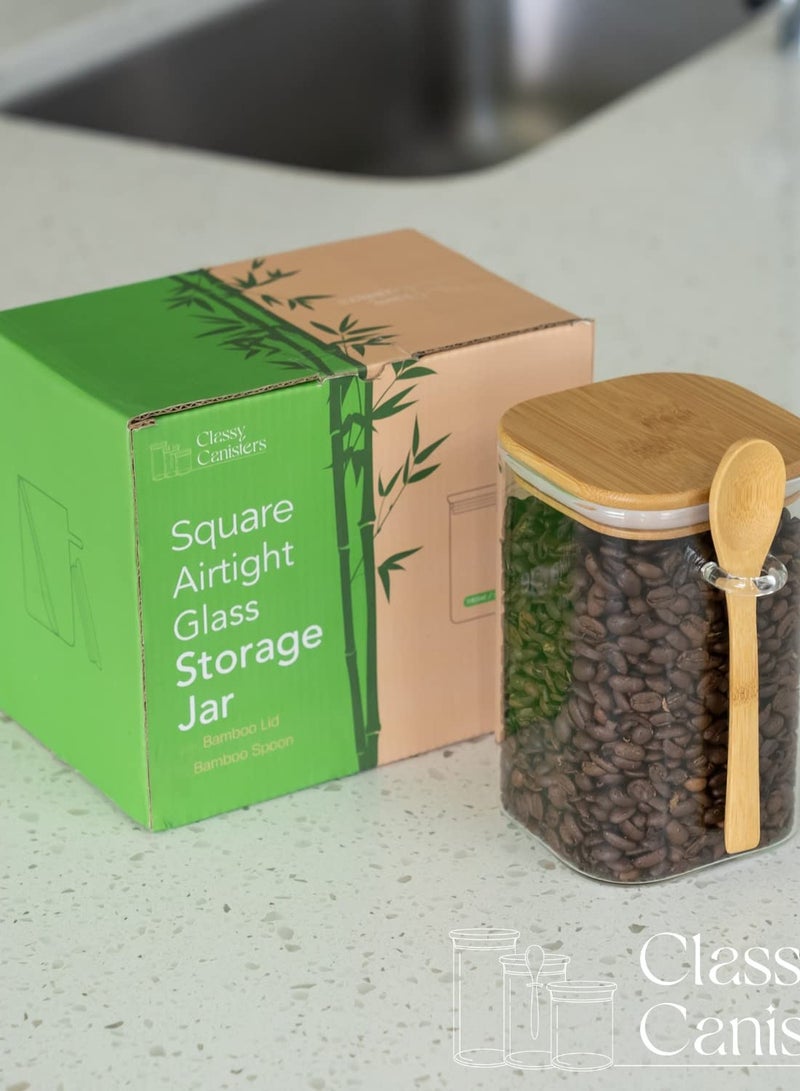 Airtight 40oz Square Glass Jar with Bamboo Lid & Spoon - Perfect for Coffee, Tea, Sugar, Spices & More - Stylish Storage Solution