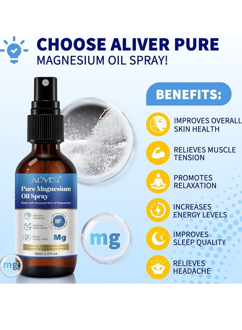 60ml Pure Magnesium Oil Spray,100% Pure & Natural,Gluten Free,Magical Topical Magnesium Body Spray,Magnesium Spray for Sleep and Anxiety,Non-GMO Magnesium Spray for Feet and Body