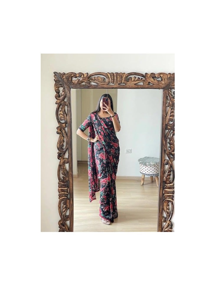 Women's Georgette Printed Ready To Wear one Minute Saree With Unstitched Blouse Piece (Floral Black_Floral Blac_Free Size)