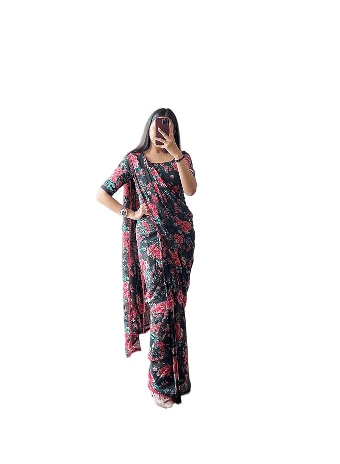 Women's Georgette Printed Ready To Wear one Minute Saree With Unstitched Blouse Piece (Floral Black_Floral Blac_Free Size)