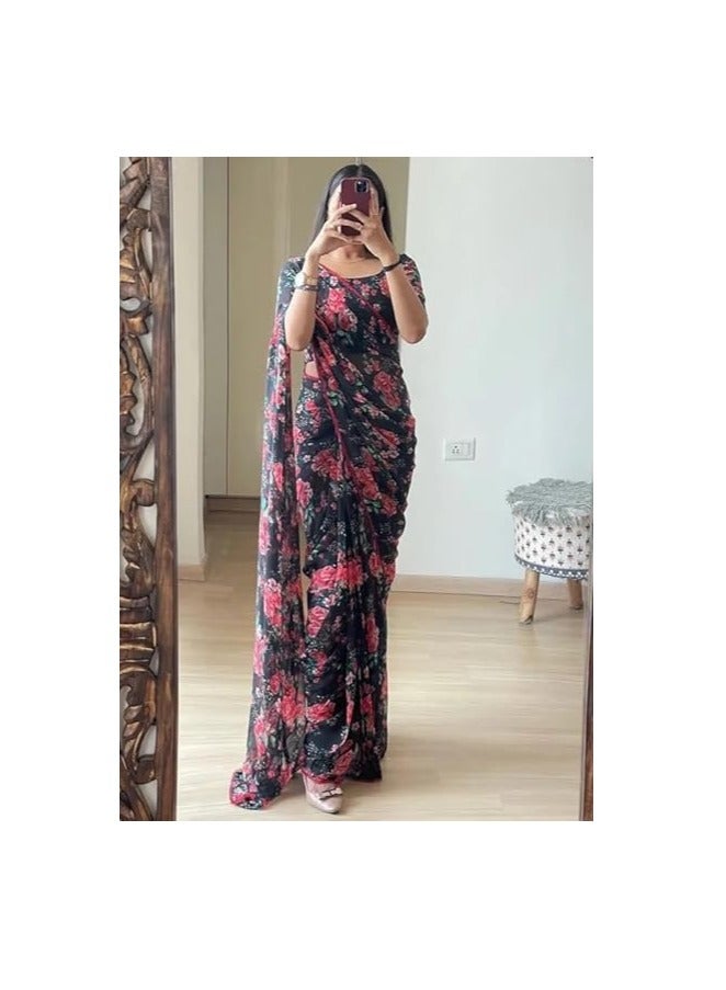 Women's Georgette Printed Ready To Wear one Minute Saree With Unstitched Blouse Piece (Floral Black_Floral Blac_Free Size)