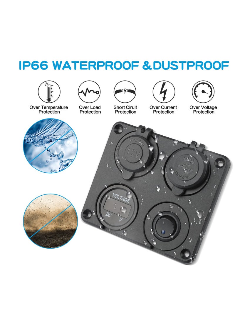 Upgraded 4 in 1 Charger Outlet Socket Panel, Dual QC 3.0 12V USB Power Outlet, Car Voltmeter Gauge, Cigarette Lighter Socket, ON Off Rocker Toggle Switch, for Car Marine Boat RV Truck (with Wire)