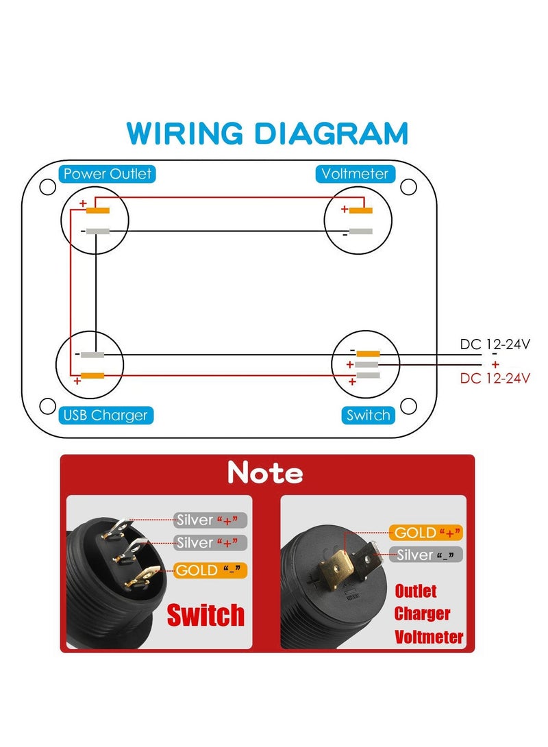 Upgraded 4 in 1 Charger Outlet Socket Panel, Dual QC 3.0 12V USB Power Outlet, Car Voltmeter Gauge, Cigarette Lighter Socket, ON Off Rocker Toggle Switch, for Car Marine Boat RV Truck (with Wire)