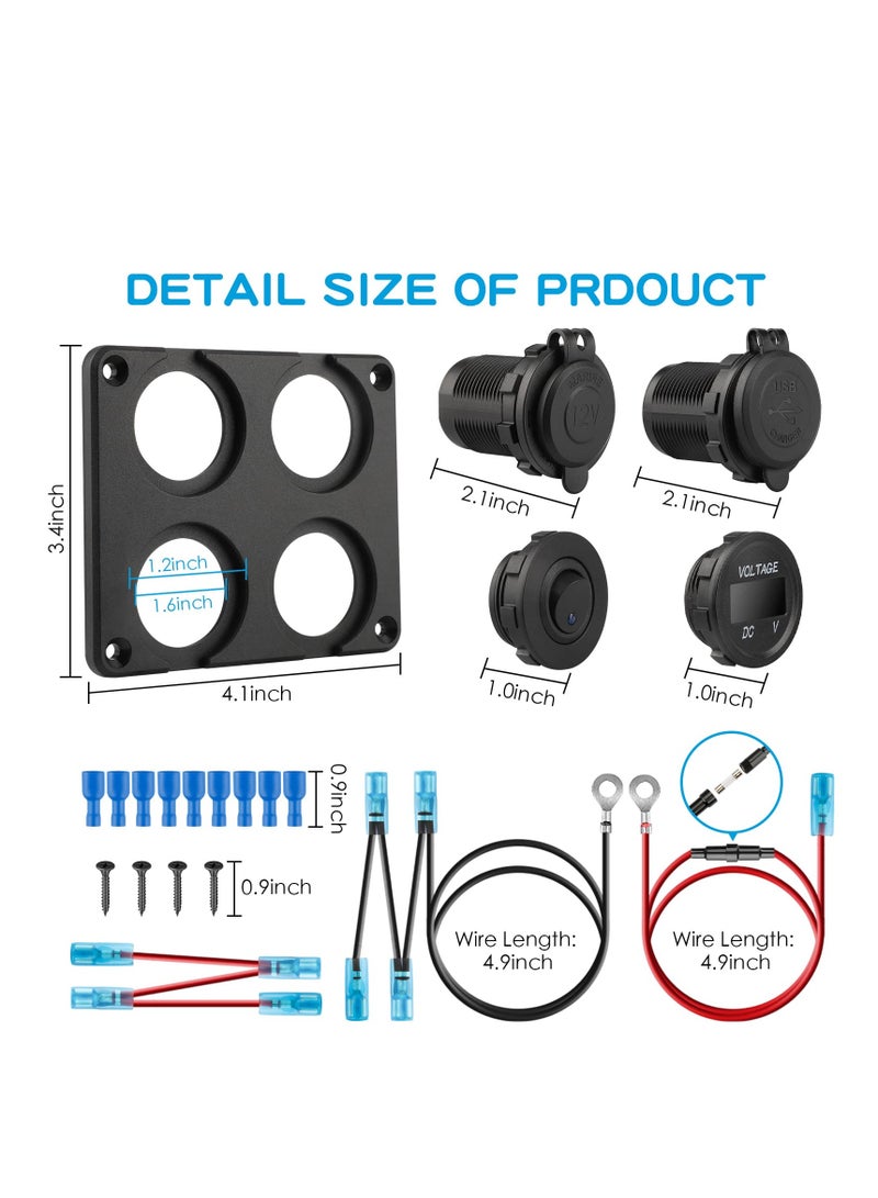 Upgraded 4 in 1 Charger Outlet Socket Panel, Dual QC 3.0 12V USB Power Outlet, Car Voltmeter Gauge, Cigarette Lighter Socket, ON Off Rocker Toggle Switch, for Car Marine Boat RV Truck (with Wire)