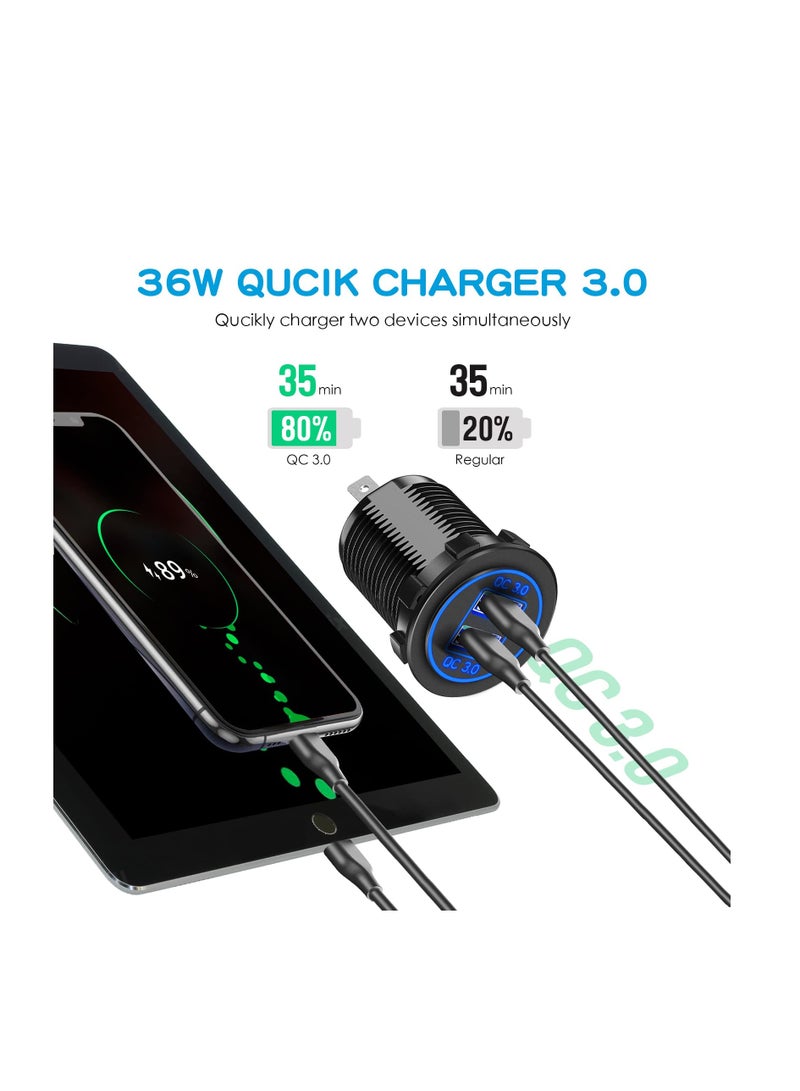 Upgraded 4 in 1 Charger Outlet Socket Panel, Dual QC 3.0 12V USB Power Outlet, Car Voltmeter Gauge, Cigarette Lighter Socket, ON Off Rocker Toggle Switch, for Car Marine Boat RV Truck (with Wire)
