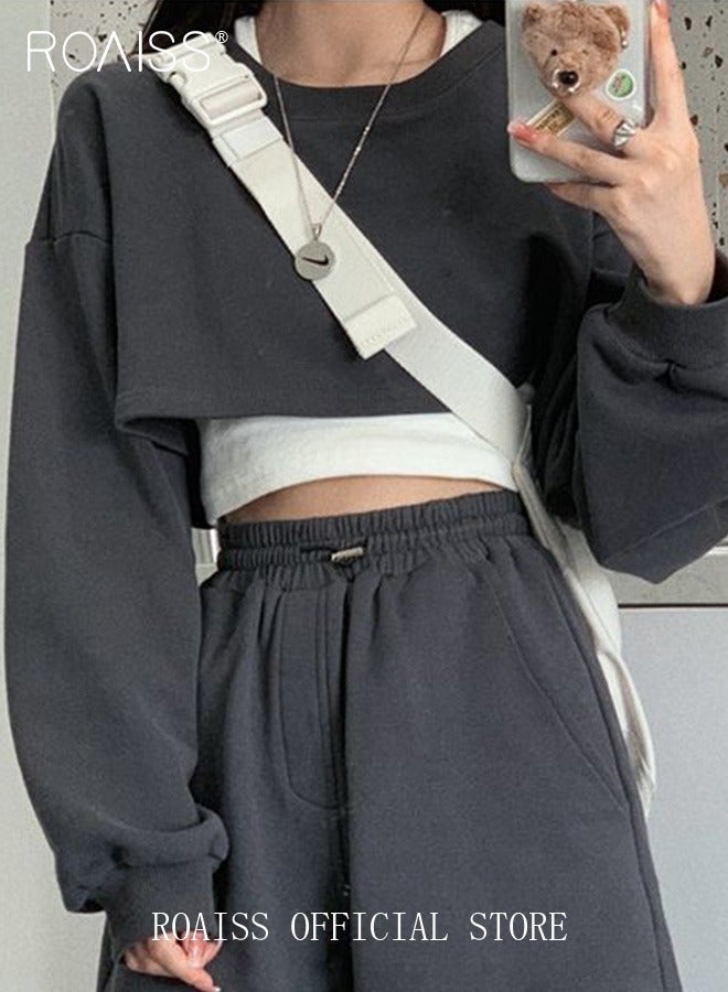 Women 2 Piece Set Loose Fit Pullover Short Sweatshirt & Slim Fit Sleeveless Vest Classic and Timeless Solid Color Design Loose Fit to Enhance the Figure and Prevent Exposing Perfect as a Base Layer