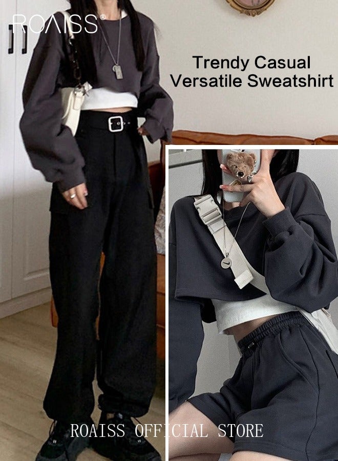 Women 2 Piece Set Loose Fit Pullover Short Sweatshirt & Slim Fit Sleeveless Vest Classic and Timeless Solid Color Design Loose Fit to Enhance the Figure and Prevent Exposing Perfect as a Base Layer