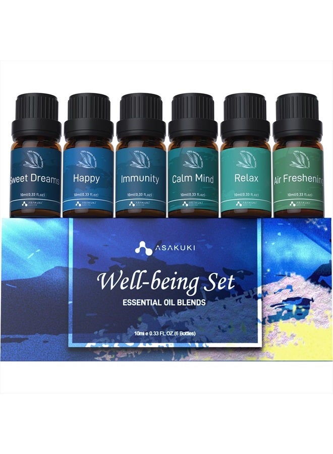 Essential Oil Blends Set for Diffusers for Home, Well-Being Gift Kit- Calming, Dreams, Breathe, Relaxing, Mood, Fresh Air Aromatherapy Oils for Humidifiers, Massage, 6x10ml