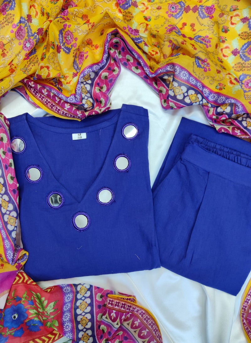 Purple Cotton Kurta Set for Women with multicolour Cotton Dupatta | Indian Dress for Women | Traditional Dress Salwar Kameez Kurti Pant Dupatta Set | Ready to Wear Ethnic Kurta Set