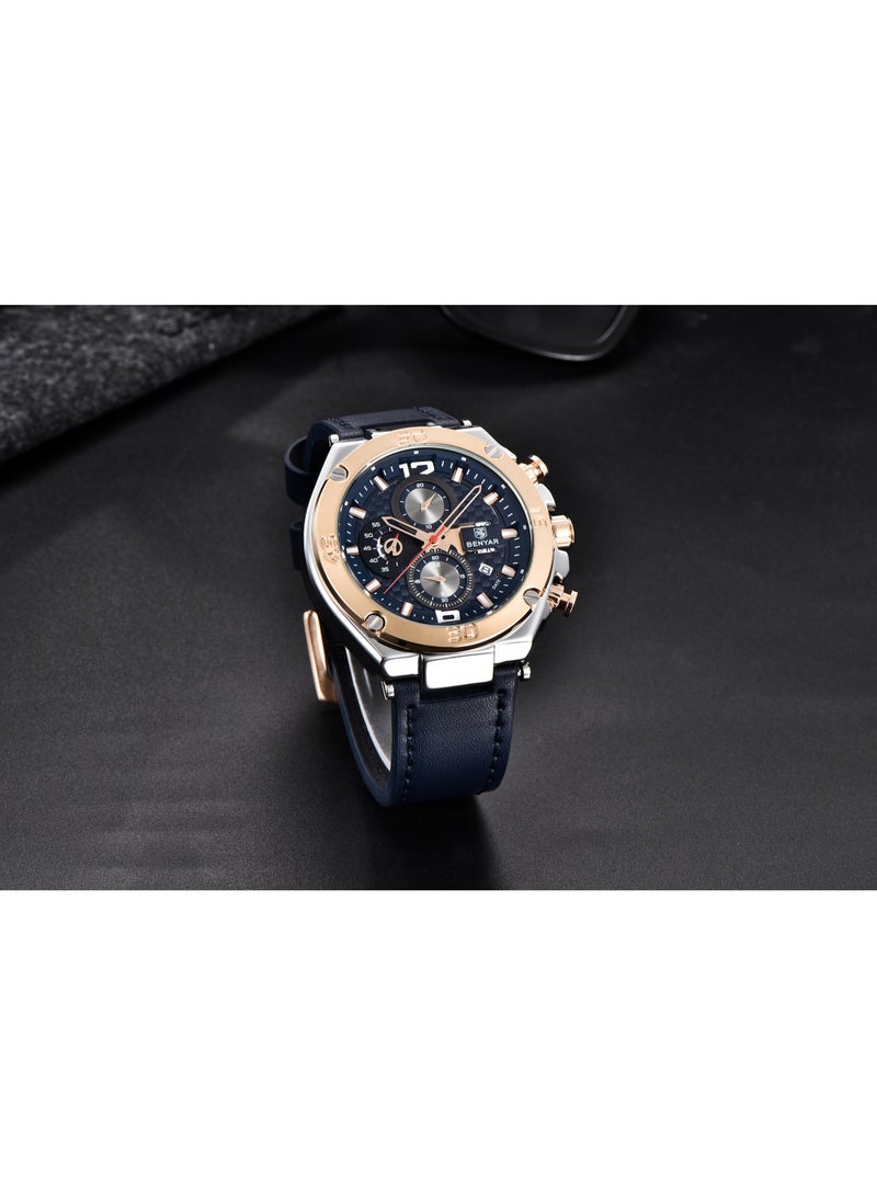 Watches for Men Luxury Quartz Water Resistant Watch Men's Chronograph Genuine Leather Strap 5151Blue