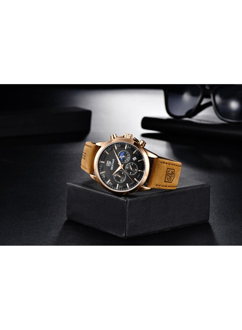 Watches for Men Luxury Quartz Water Resistant Watch Men's Chronograph Genuine Leather Strap 5160 Black