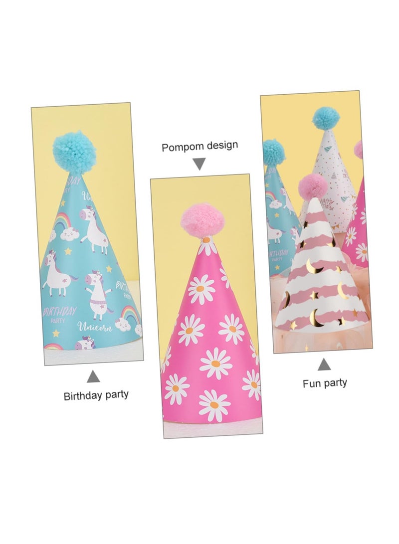 6pcs Birthday Party Hats, Adult Funny Party Kids Activities Daisy Lovely Unicorn Prop Style Paper Pom Pompom Pompoms Adorable Caps, Birthday Party Supplies and Decorations