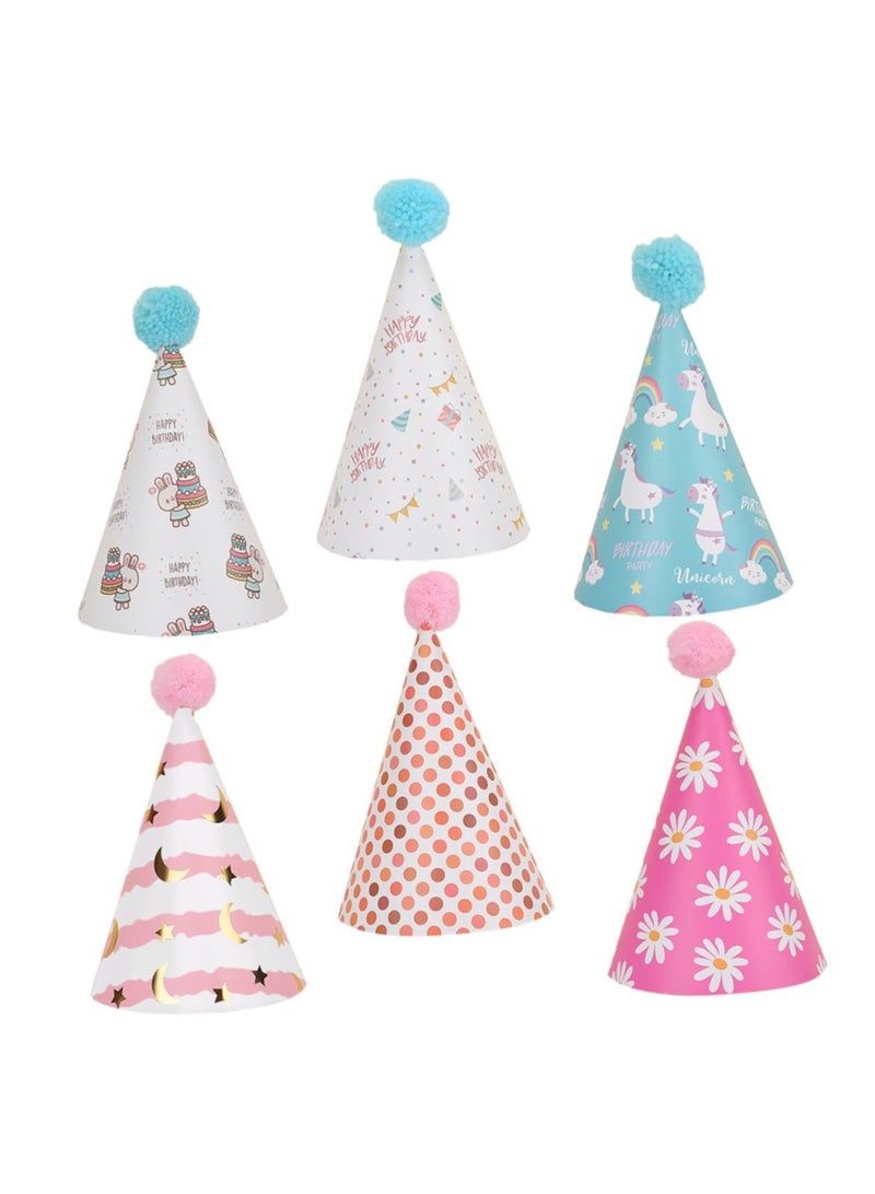 6pcs Birthday Party Hats, Adult Funny Party Kids Activities Daisy Lovely Unicorn Prop Style Paper Pom Pompom Pompoms Adorable Caps, Birthday Party Supplies and Decorations