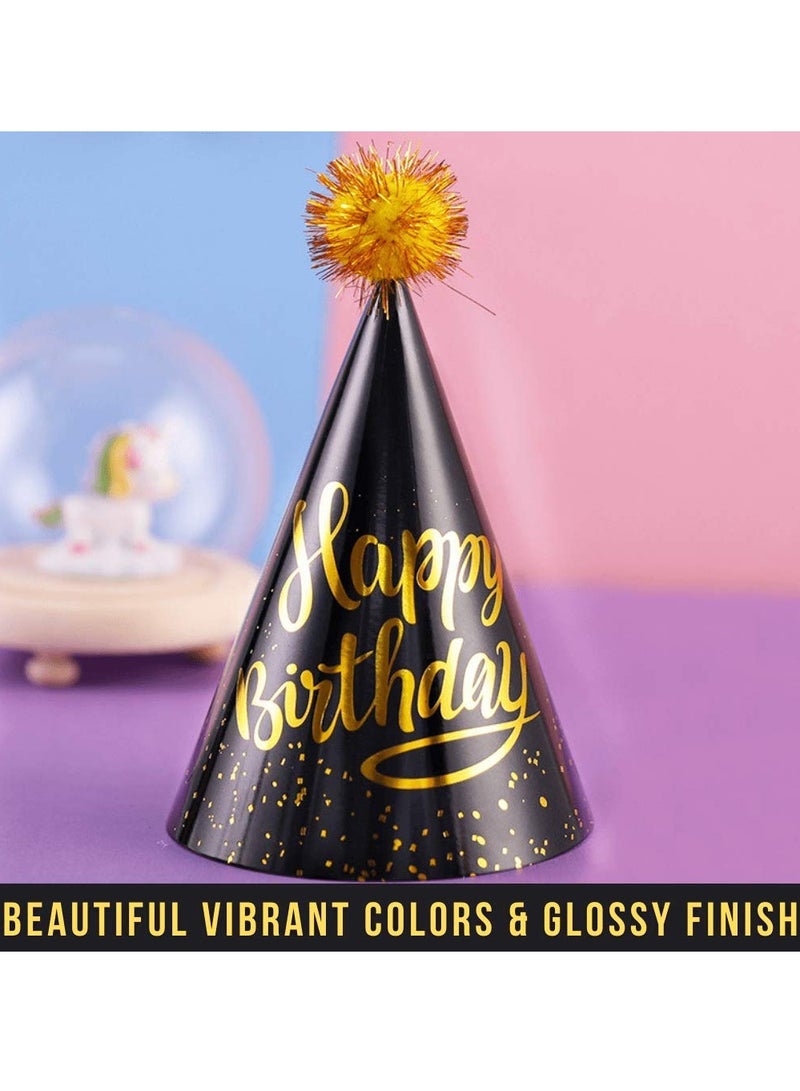 Birthday Party Hats Fun Celebration Kit of 10 Black and Gold Happy Cone for Kids Supplies Decorations