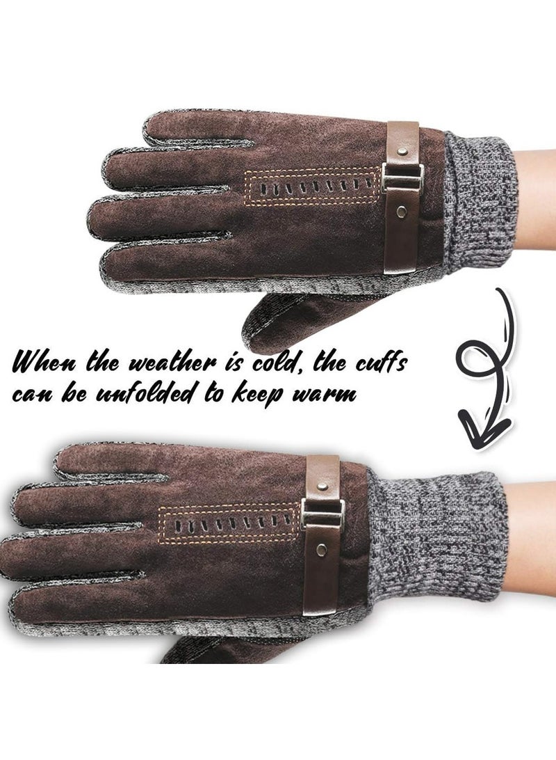 Men's Leather Thermal Gloves - Winter Thick Warm Fleece Lined, Windproof Cold Proof, Touchscreen Compatible, Ideal for Cycling, Driving, Running, Camping, Hiking