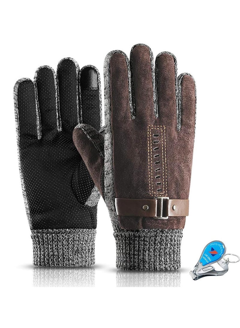 Men's Leather Thermal Gloves - Winter Thick Warm Fleece Lined, Windproof Cold Proof, Touchscreen Compatible, Ideal for Cycling, Driving, Running, Camping, Hiking