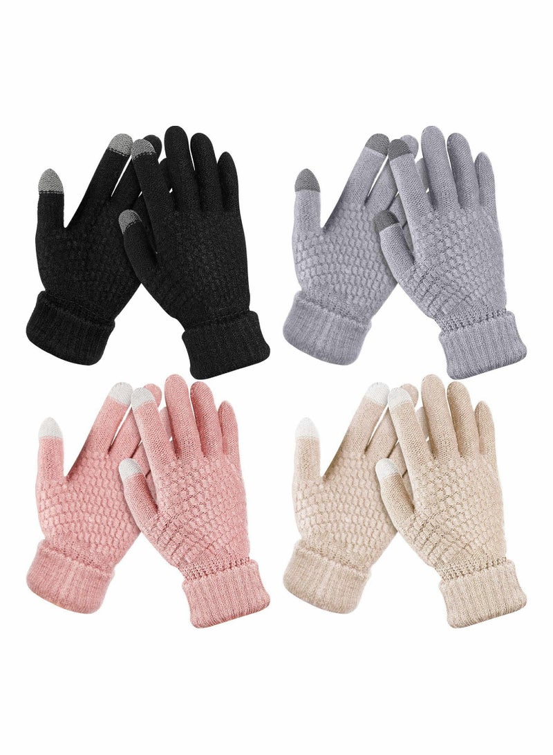 4 Pairs Women's Winter Touch Screen Gloves Warm Fleece Lined Knit Gloves Elastic Cuff Winter Texting Gloves