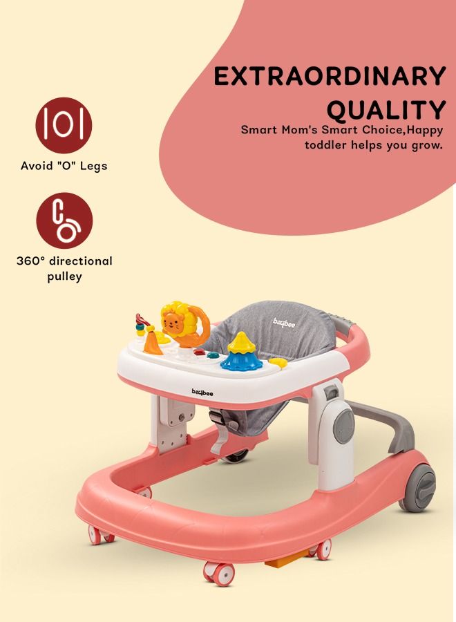 Astro 2 In 1 Baby Walker Round Kids Walker With 3 Adjustable Height Musical Toy Bar Baby Push Walker With Speed Adjustable Wheels Walker For Baby 6 To 24 Months Boys Girls Pink